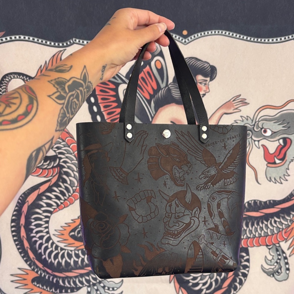 Broke-in hearted leather hand made tooled leather tattoo mini tote bag